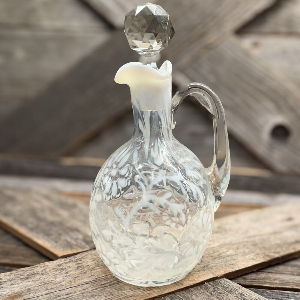 Vintage Fenton "Daisy and Fern" Opalescent Clear Glass Cruet w/ Cut Glass Topper